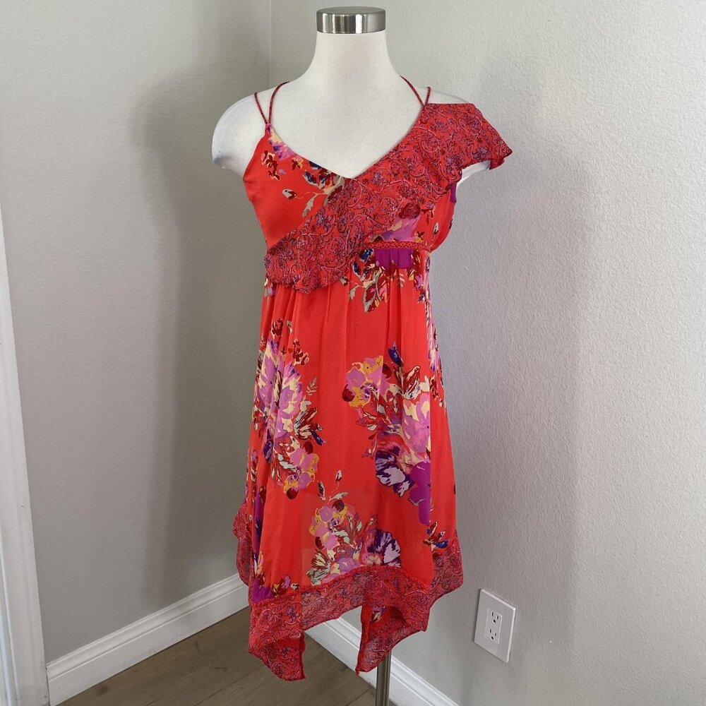Maeve Dress Womens 00P‎ Red Floral One Shoulder Asym Hem Boho Sundress Summer